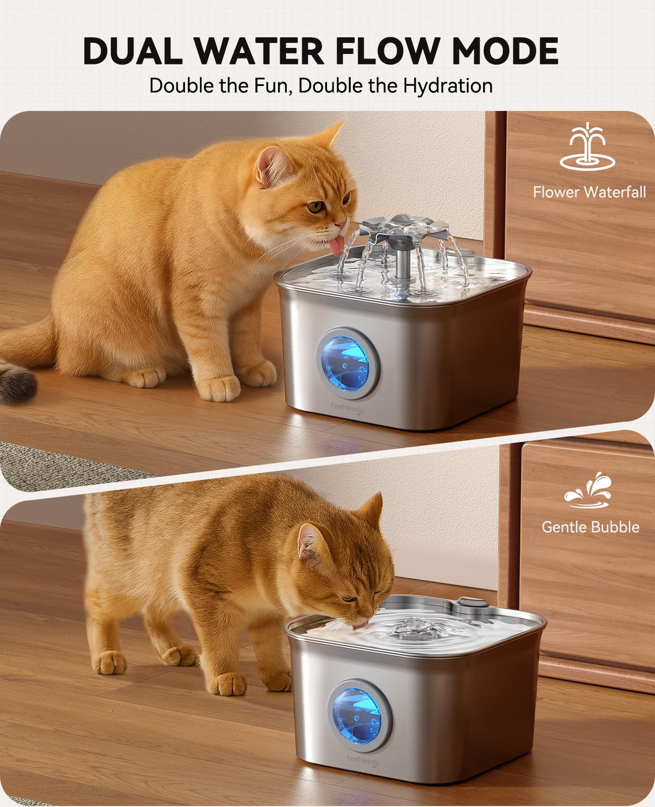 FEELNEEDY stainless steel cat water fountain round LED window signals water level.