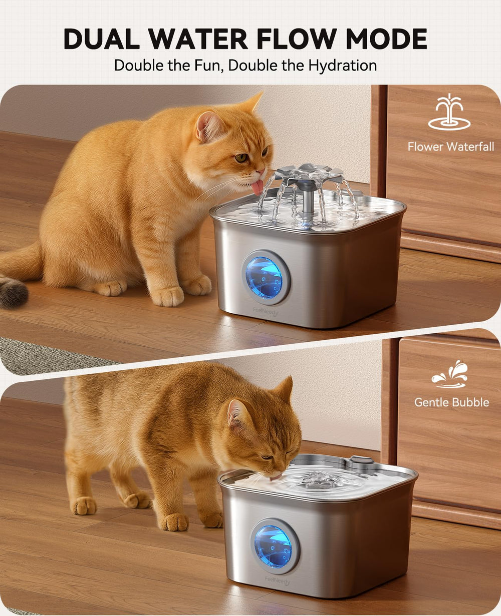 FEELNEEDY stainless steel cat water fountain round LED window signals water level.