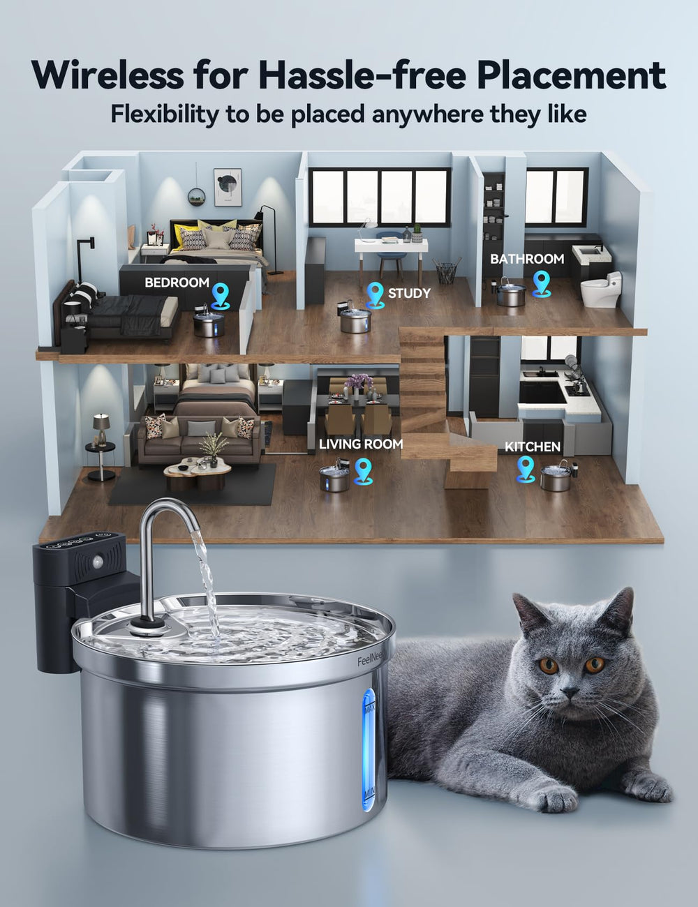 FEELNEEDY battery-separated fountain shows detachable charger for safe setup
