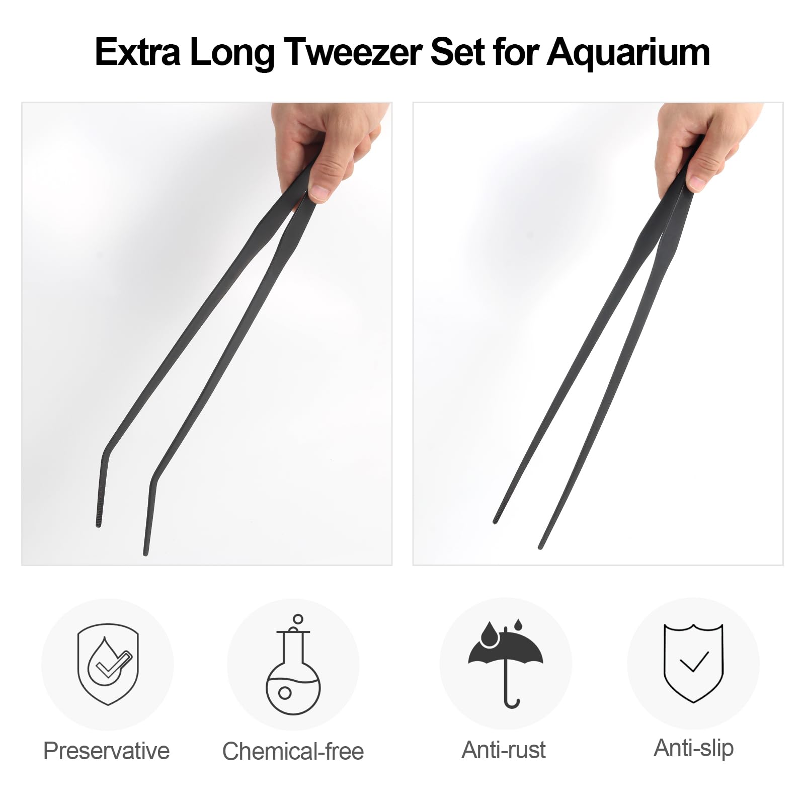 FEITA 2-pack black aquarium tweezers with anti-slip grip for secure handling.