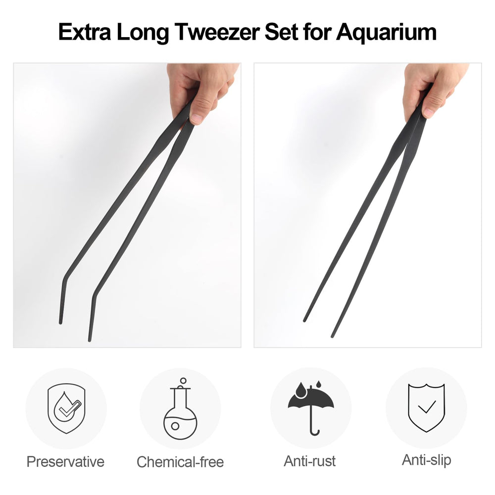 FEITA 2-pack black aquarium tweezers with anti-slip grip for secure handling.