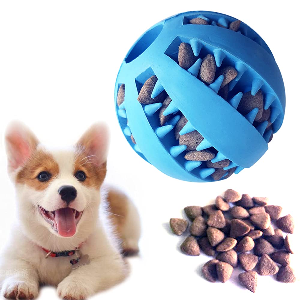 Feixun dog treat ball blue front view highlights treat attraction during playtime