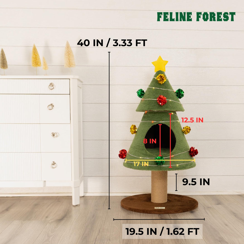 Feline Forest cat Christmas tree perch-ready design offers cozy spots and festive photos.