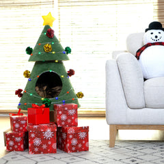 Feline Forest cat Christmas tree securely attached ornaments reduce loose pieces during play.