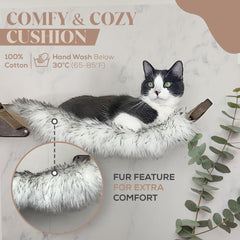 Feline-Me cat wall bed close-up on plush cushion for cozy naps.