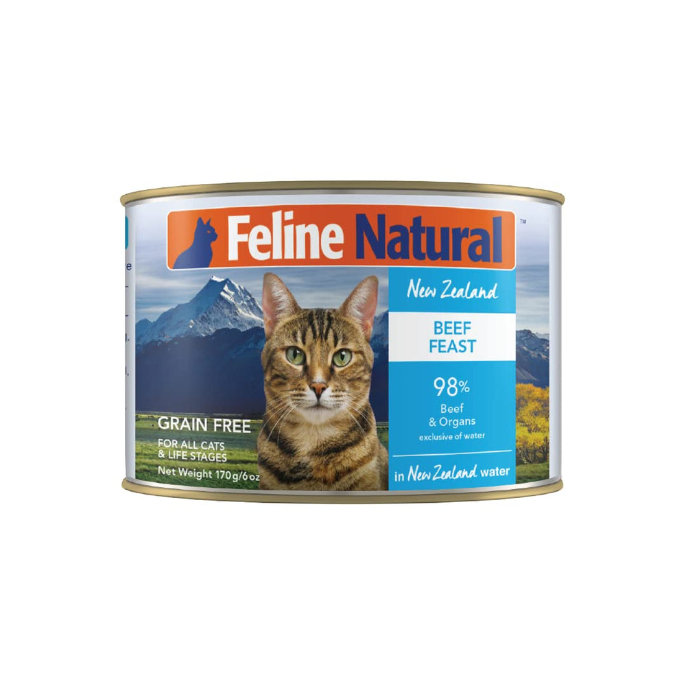 Feline Natural Beef Feast can label highlights premium NZ cat food with high-meat goodness