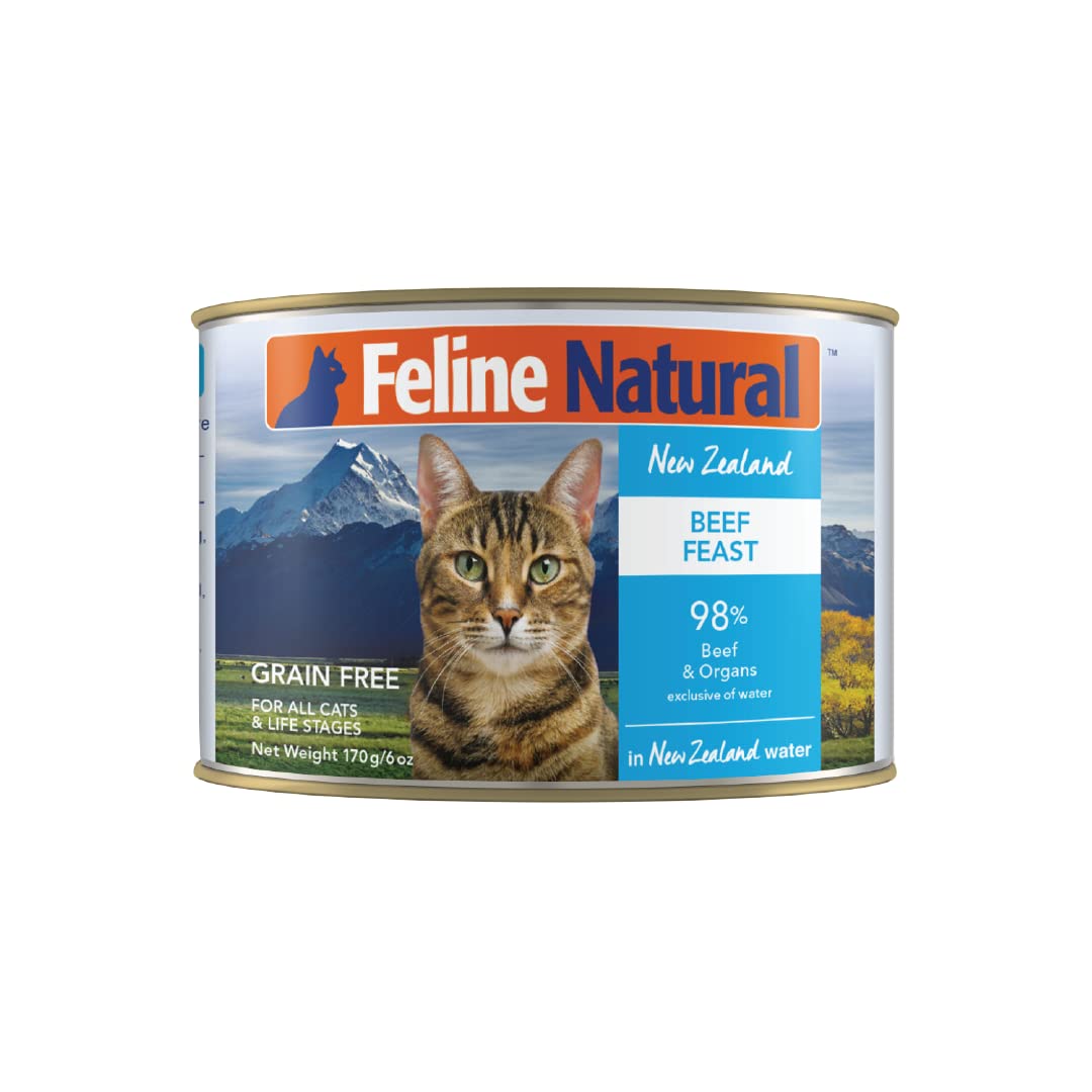 Feline Natural Beef Feast can label highlights premium NZ cat food with high-meat goodness