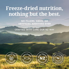 Feline Natural freeze-dried diet with lamb shown in a clean kitchen scene.