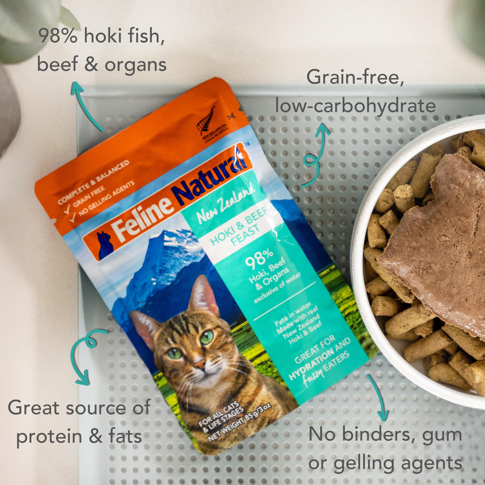 Feline Natural hoki fish omega-3 highlight for brain and coat support.