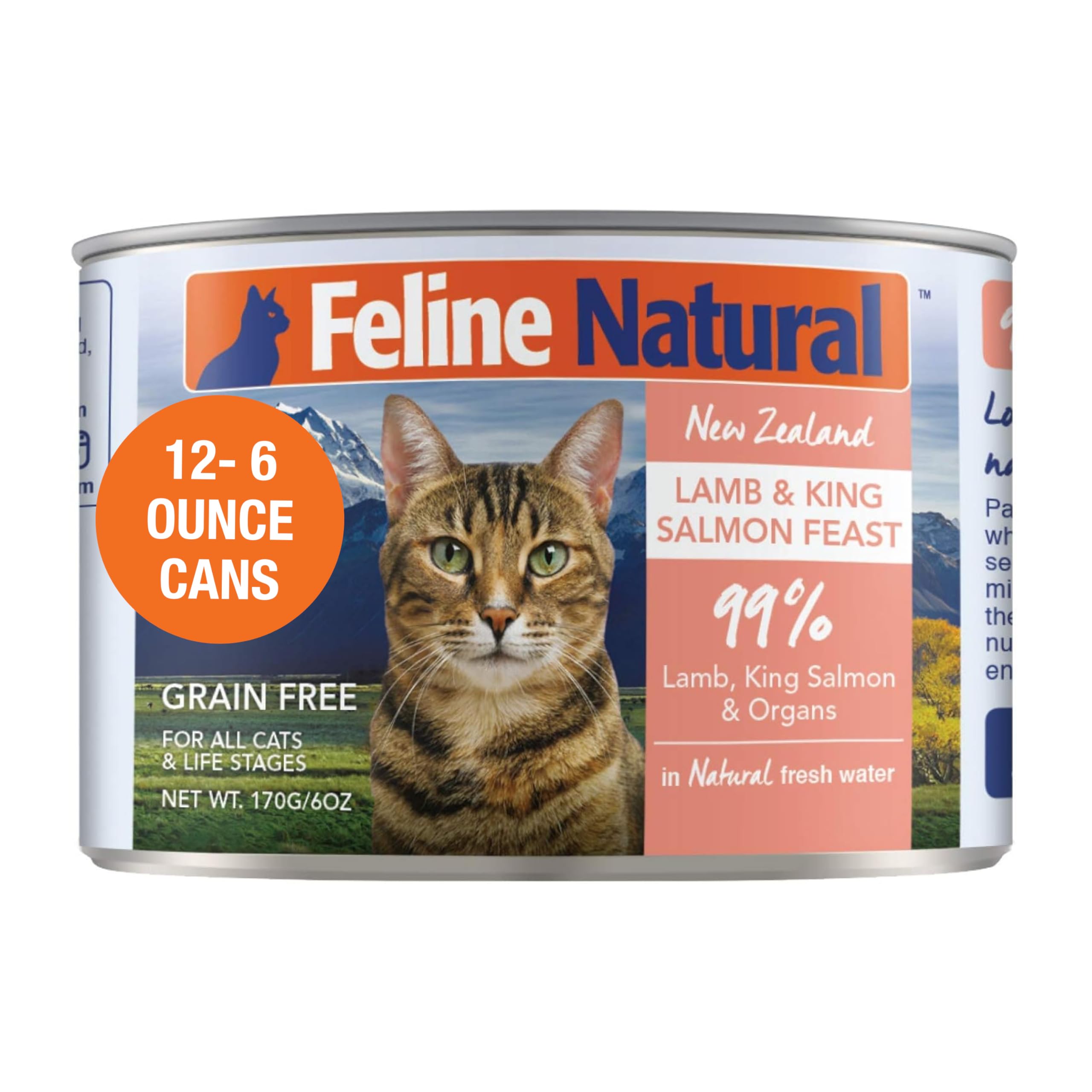 Feline Natural New Zealand canned catfood packaging shows grain-free, high-meat formula.