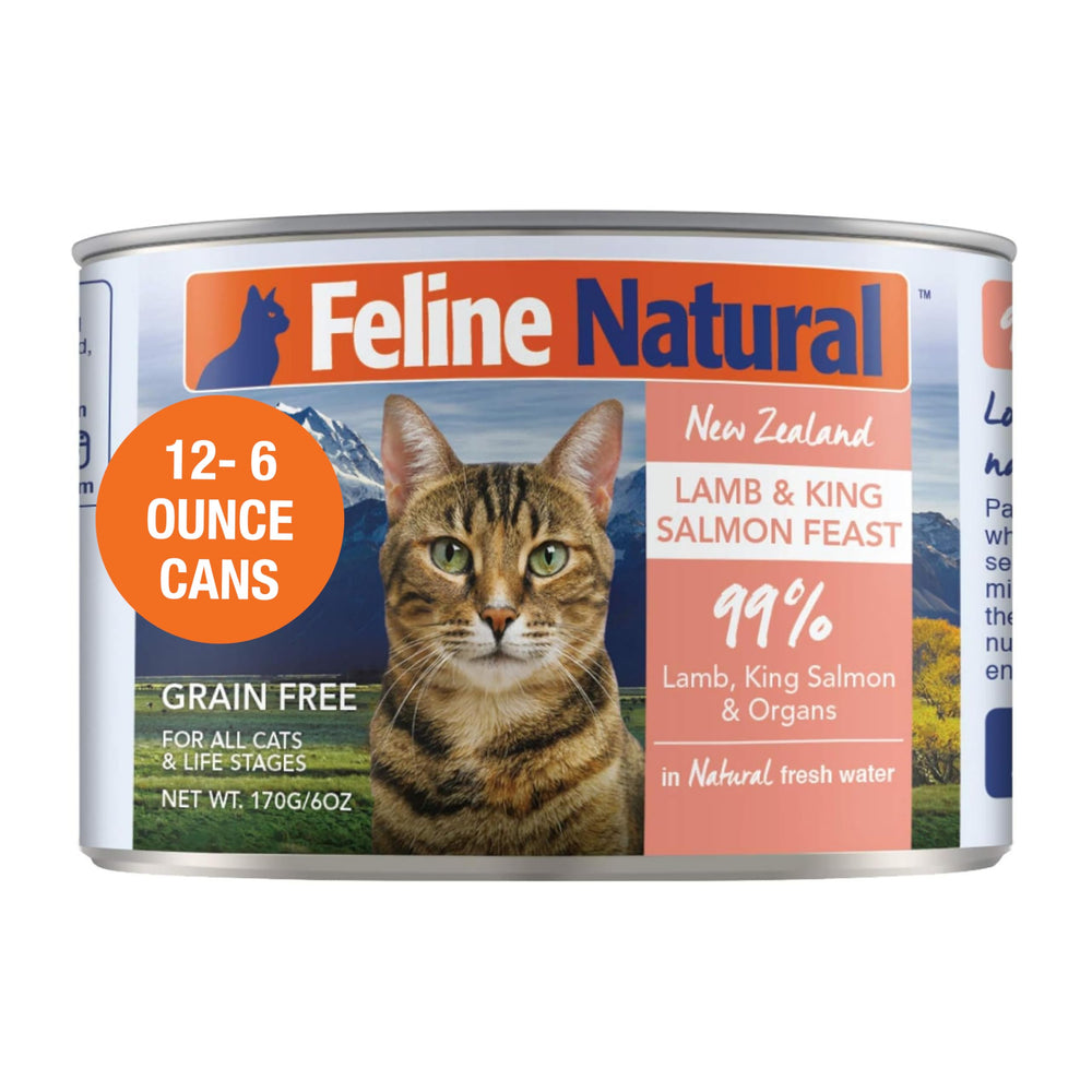 Feline Natural New Zealand canned catfood packaging shows grain-free, high-meat formula.