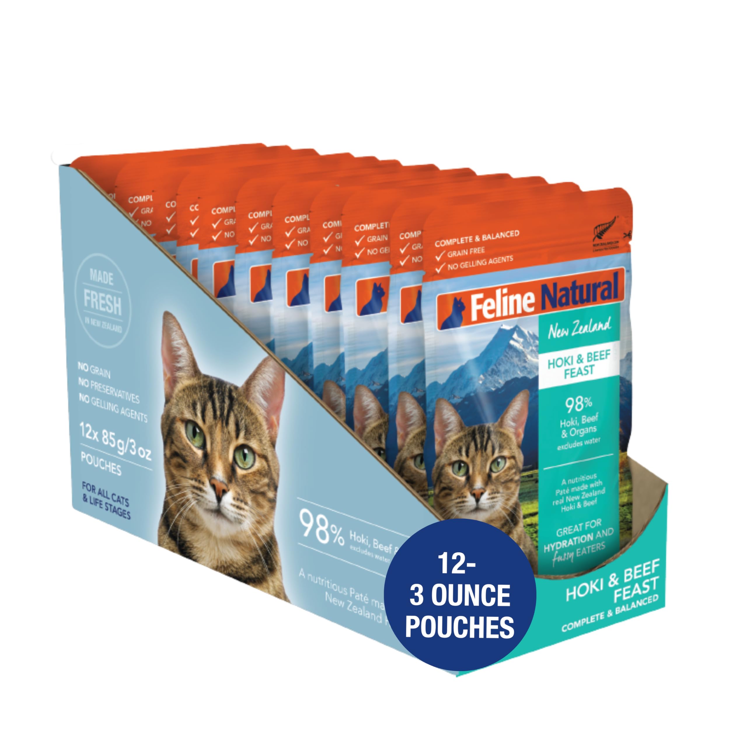 Feline Natural wet cat food pouch with hoki-beef ready to serve as a complete meal.