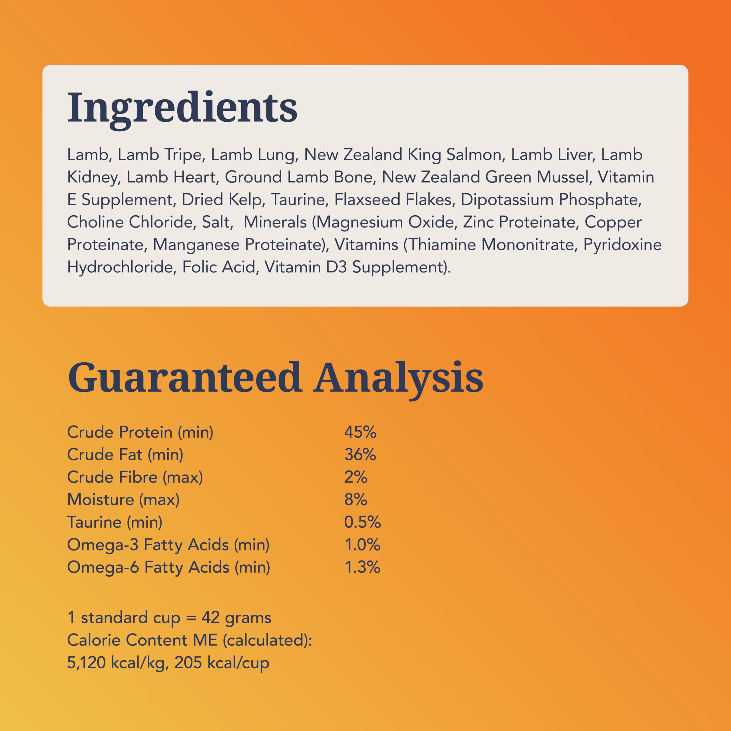Feline Natural whole-prey protein sources with lamb and mussels.