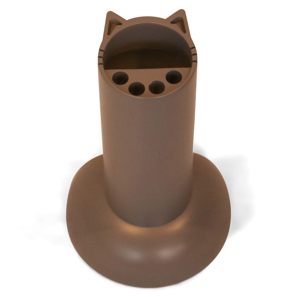 Feline Ruff cat teaser wand holder front view gray keeps toys organized.