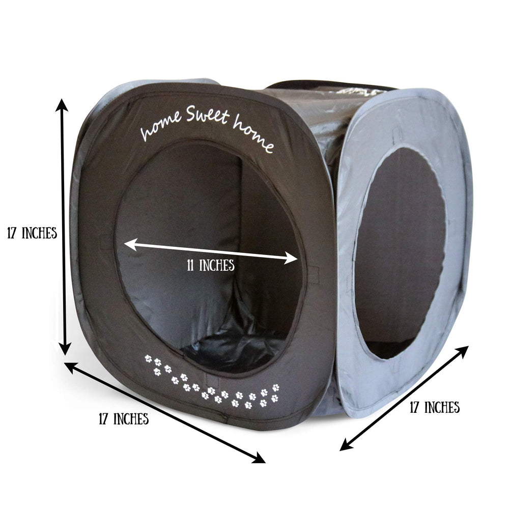 Feline Ruff Home Sweet Home Cat Cube open doors emphasizes easy access for pets.