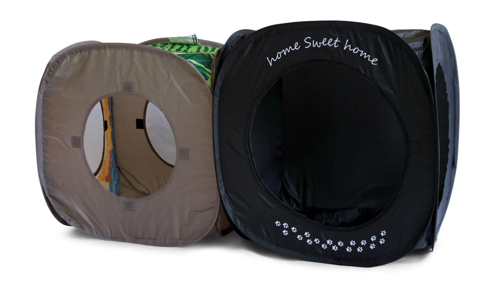 Feline Ruff Home Sweet Home Cat Cube during play demonstrates versatile hideaway.