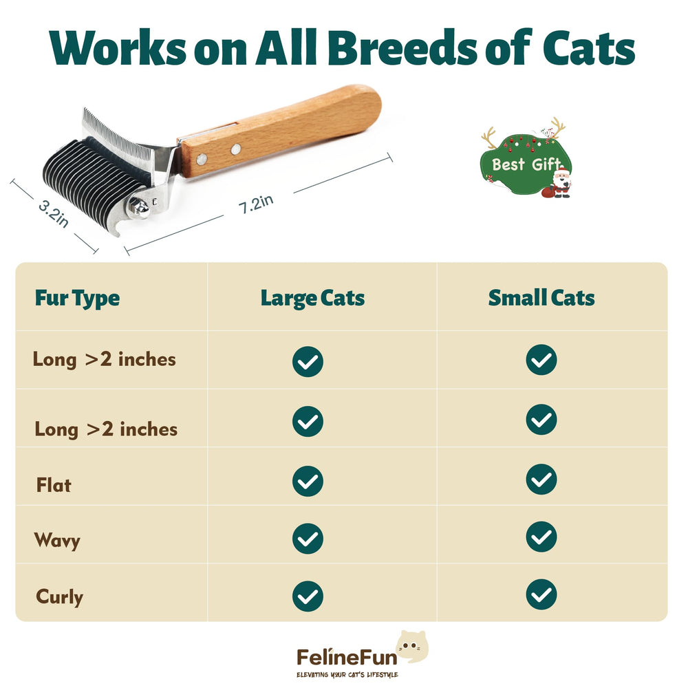 FelineFun cat brush multi-use design replacing separate dematting and deshedding tools.
