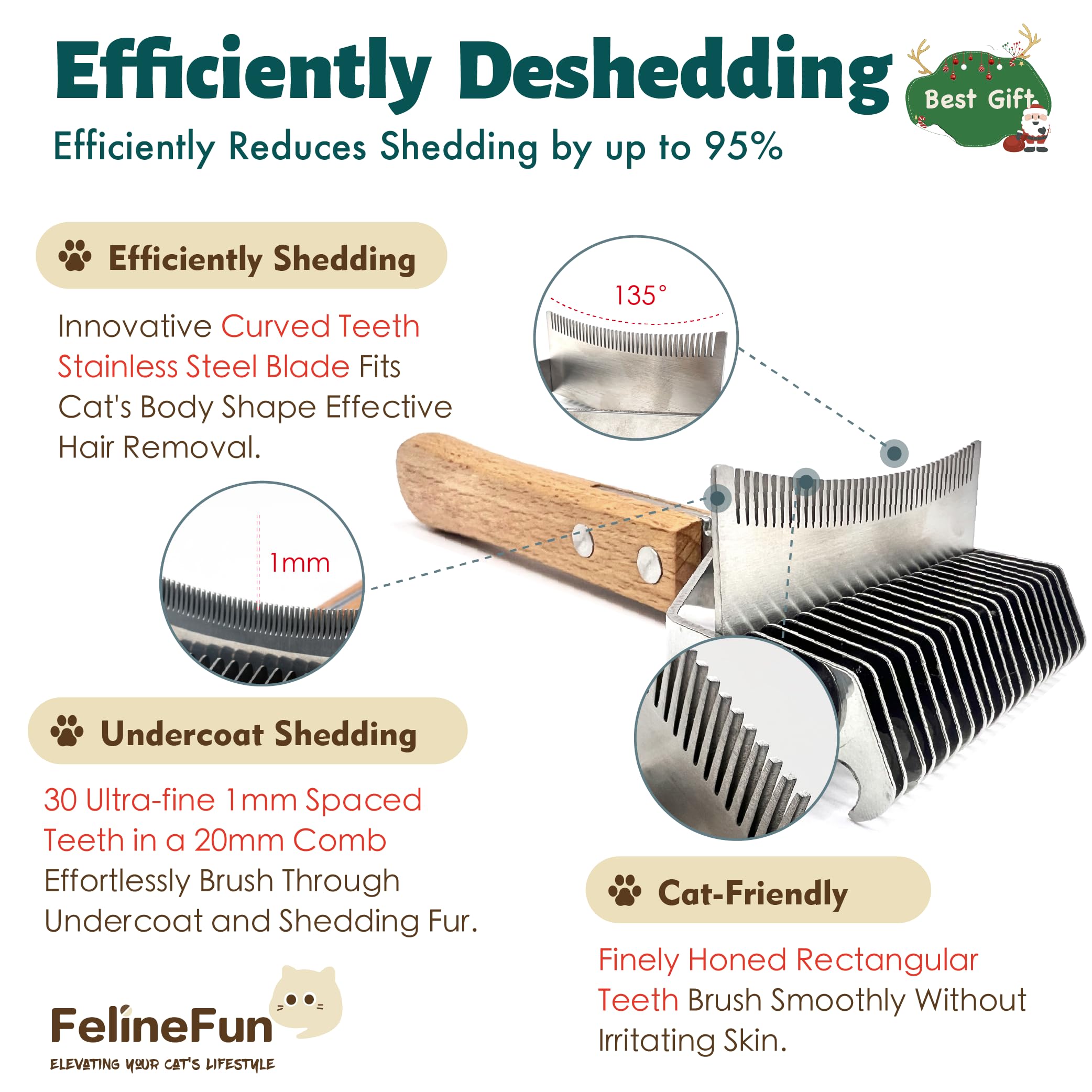 FelineFun cat brush wooden handle ergonomic grip for comfortable brushing sessions.
