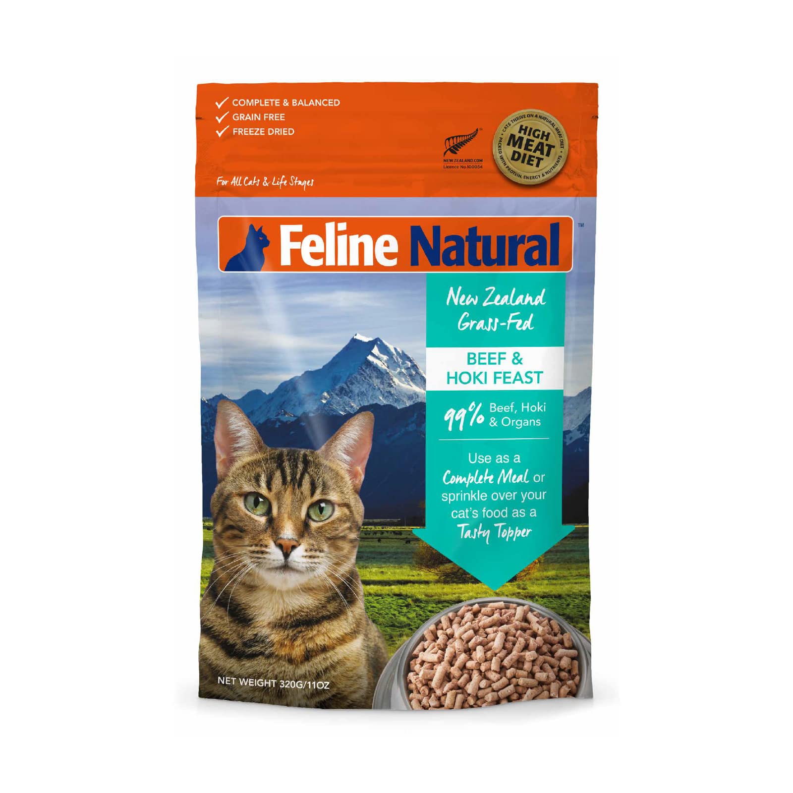 Feline Natural high-protein dry cat food beef and hoki bowl for lean energy.