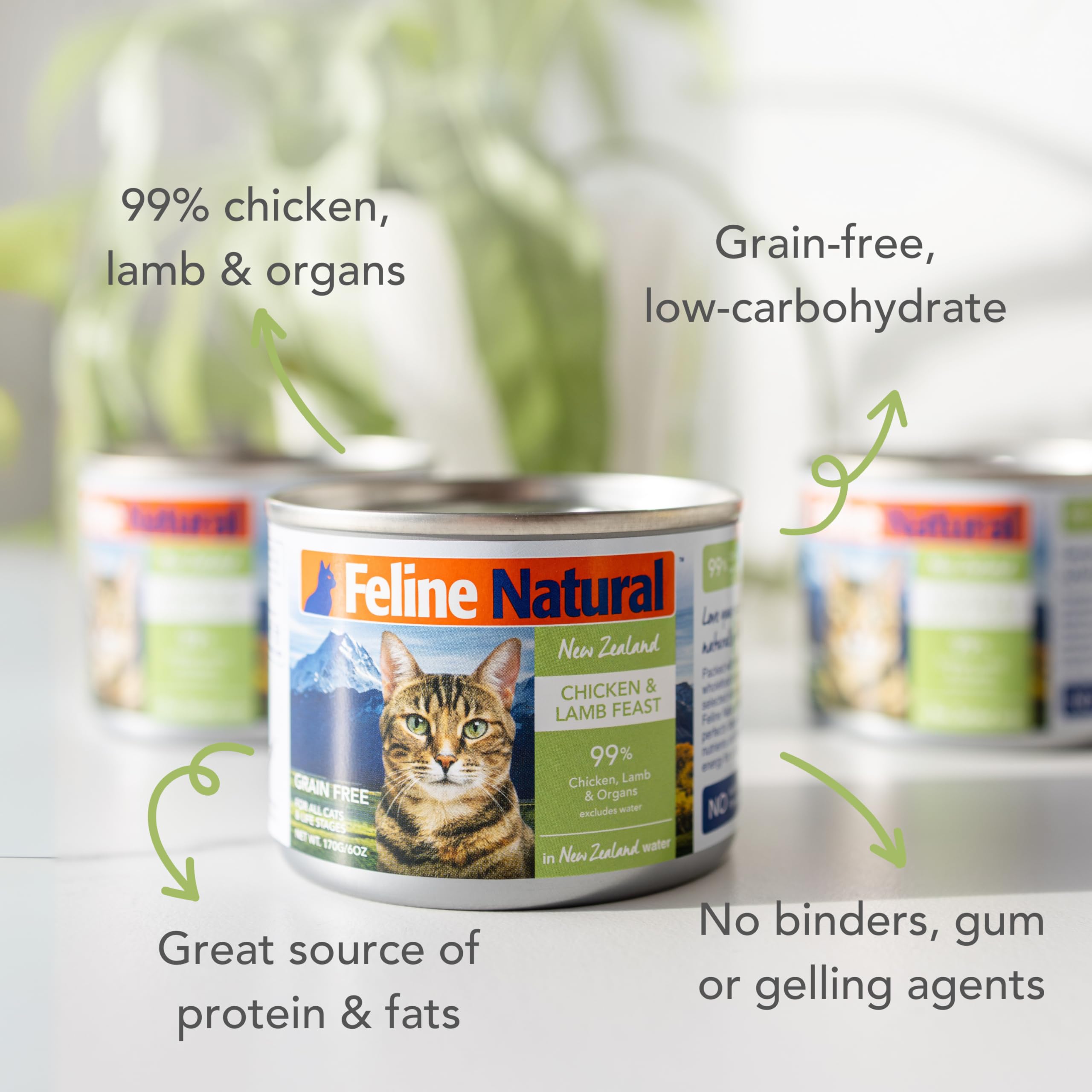 Feline Natural New Zealand canned cat food chicken and lamb feast – side view emphasizes convenient wet meal.