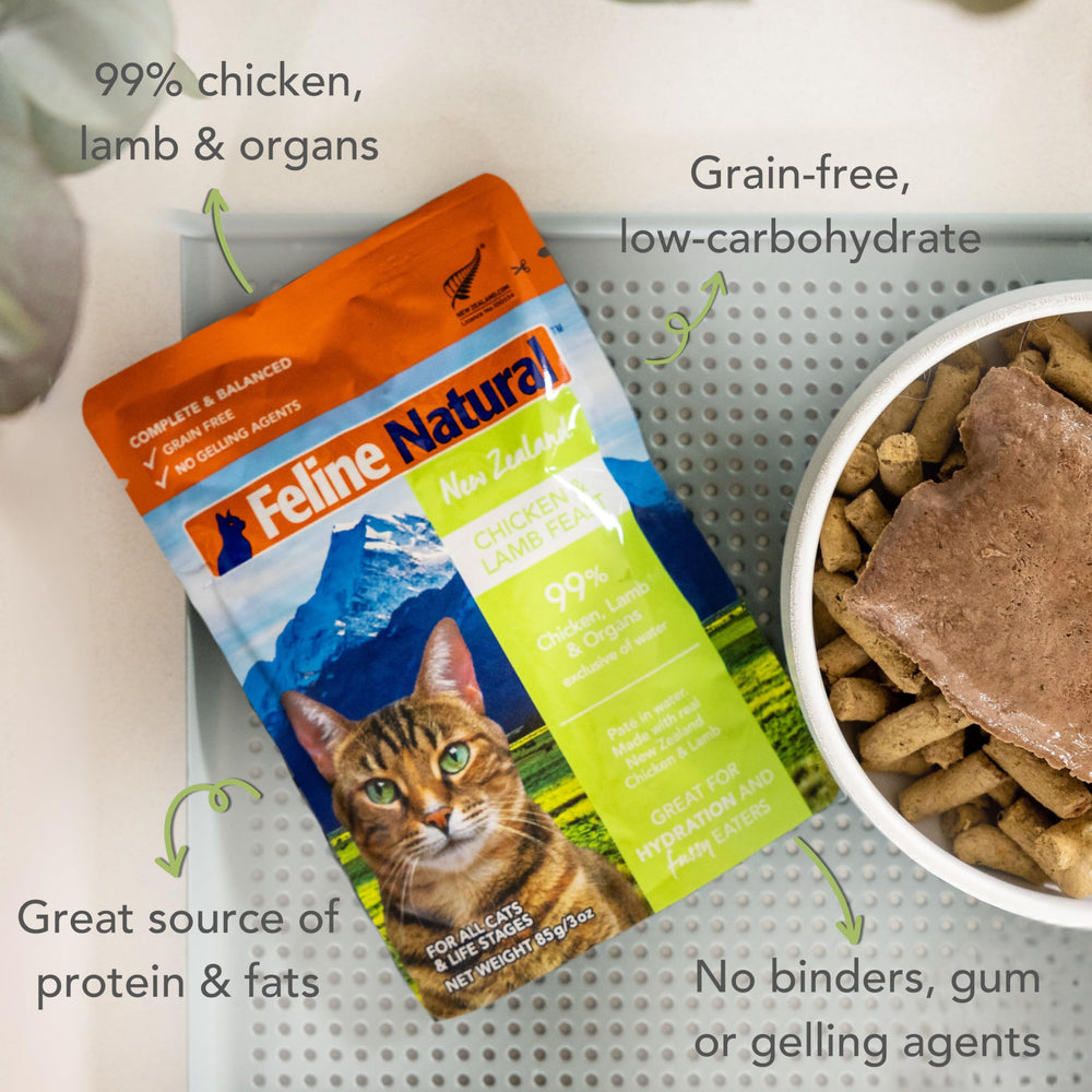 Feline Natural cage-free chicken and grass-fed lamb provide premium protein in every pouch.
