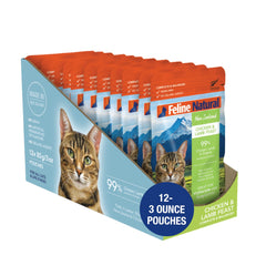 Feline Natural wet cat food pouch shows chicken and lamb feast, grain-free, protein-rich meal.