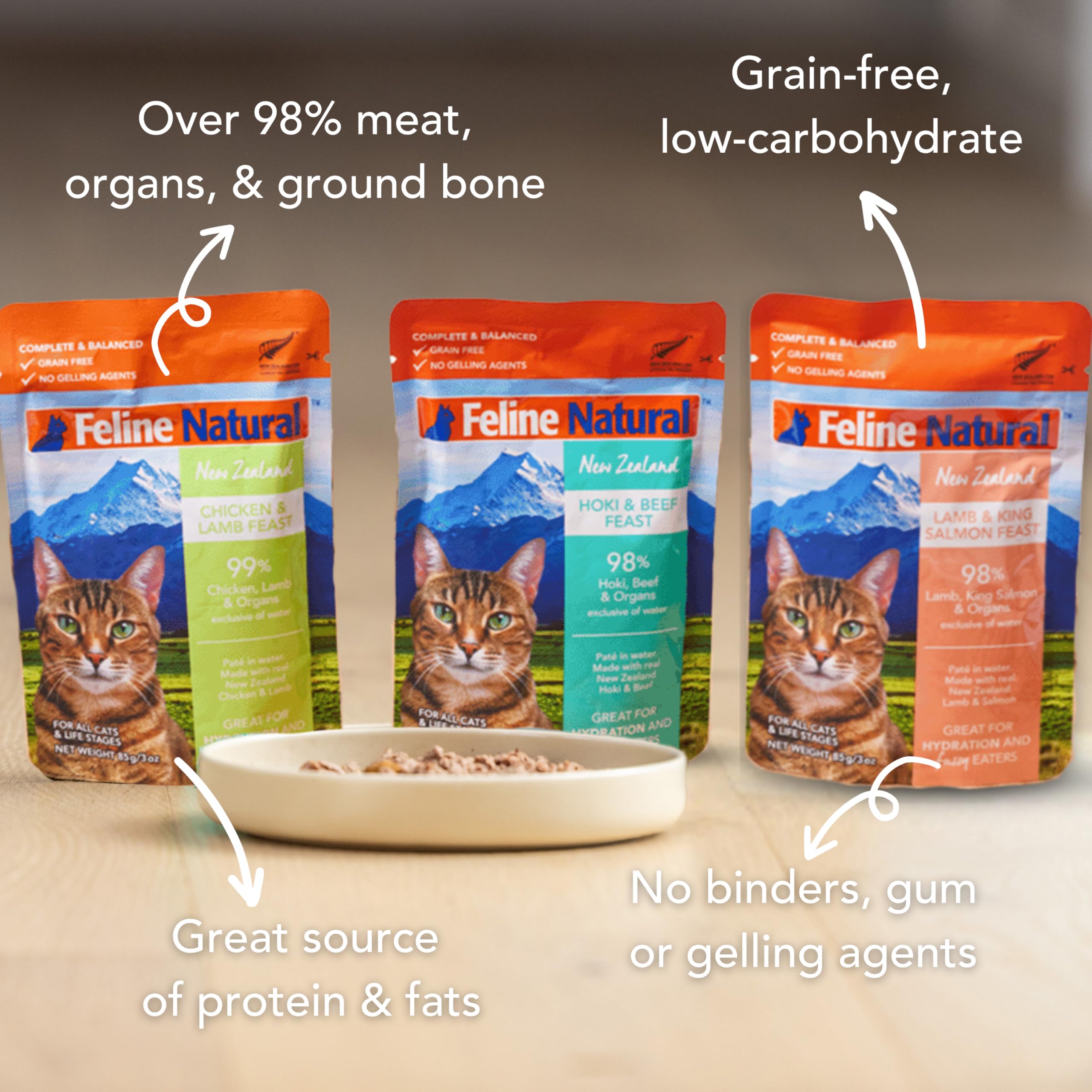 Feline Natural 12-pack display with assorted 3oz pouches for easy feeding.