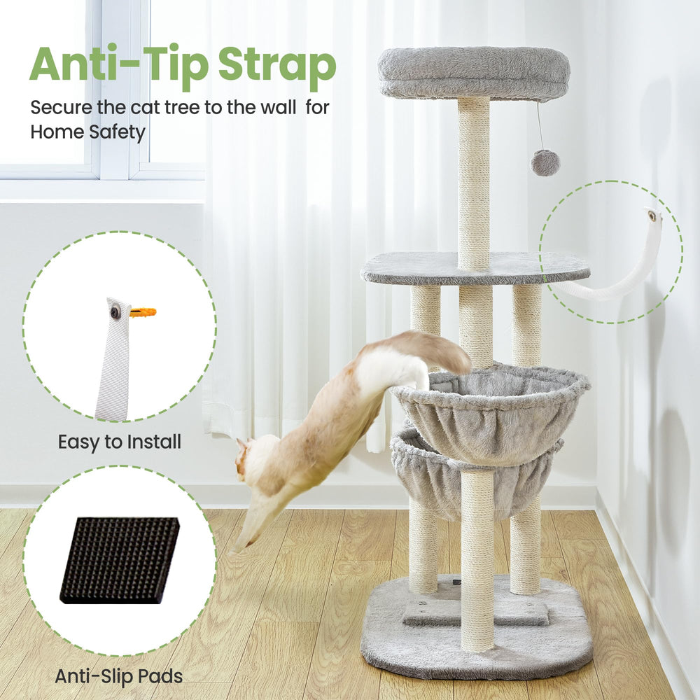 Feliskyn plush cat tree bed emphasizes soft, machine-washable comfort after play.
