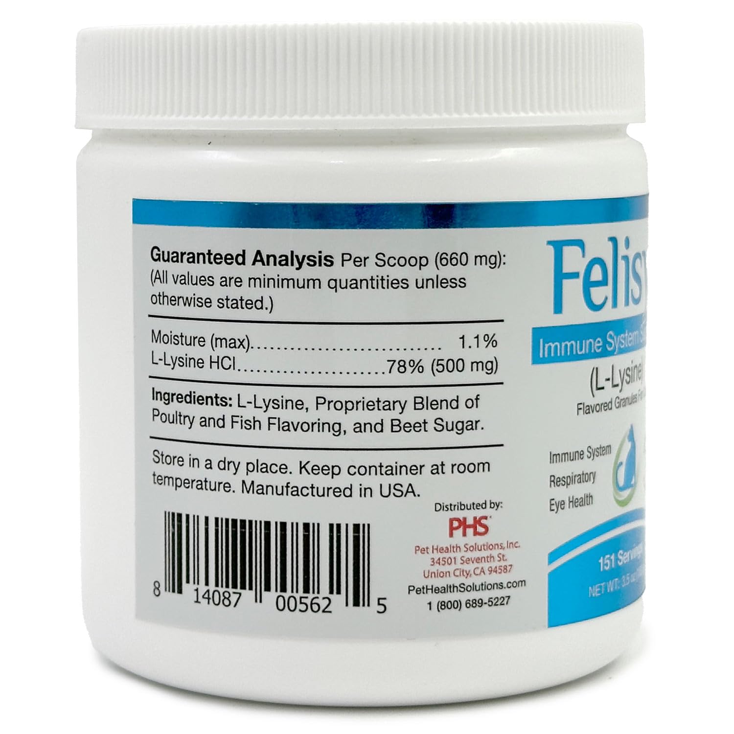 Pet Health Solutions Felisyl L-Lysine Granules salmon flavor label indicates tasty supplementation