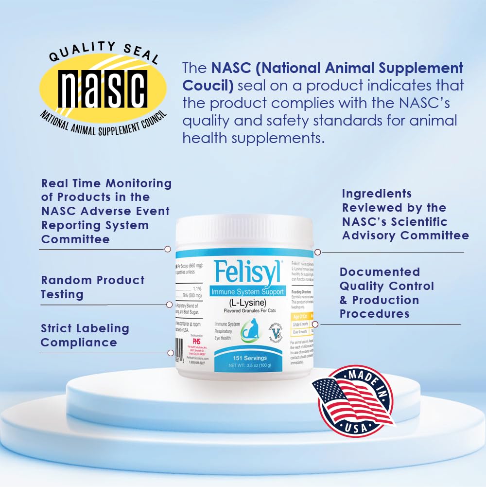 Pet Health Solutions Felisyl L-Lysine Granules USA flag highlights American-made quality
