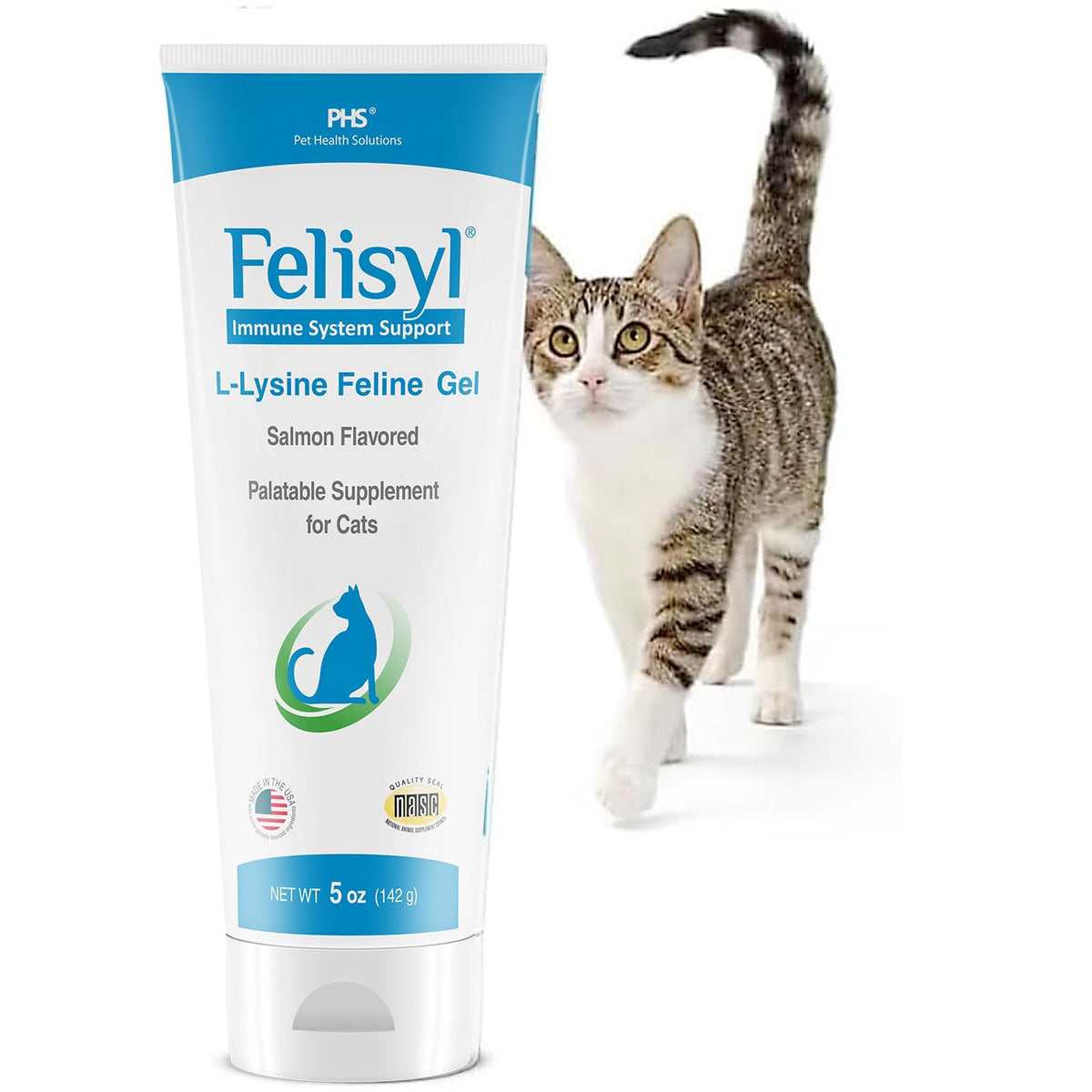 Felisyl L-Lysine Gel bottle shown for daily immune support.