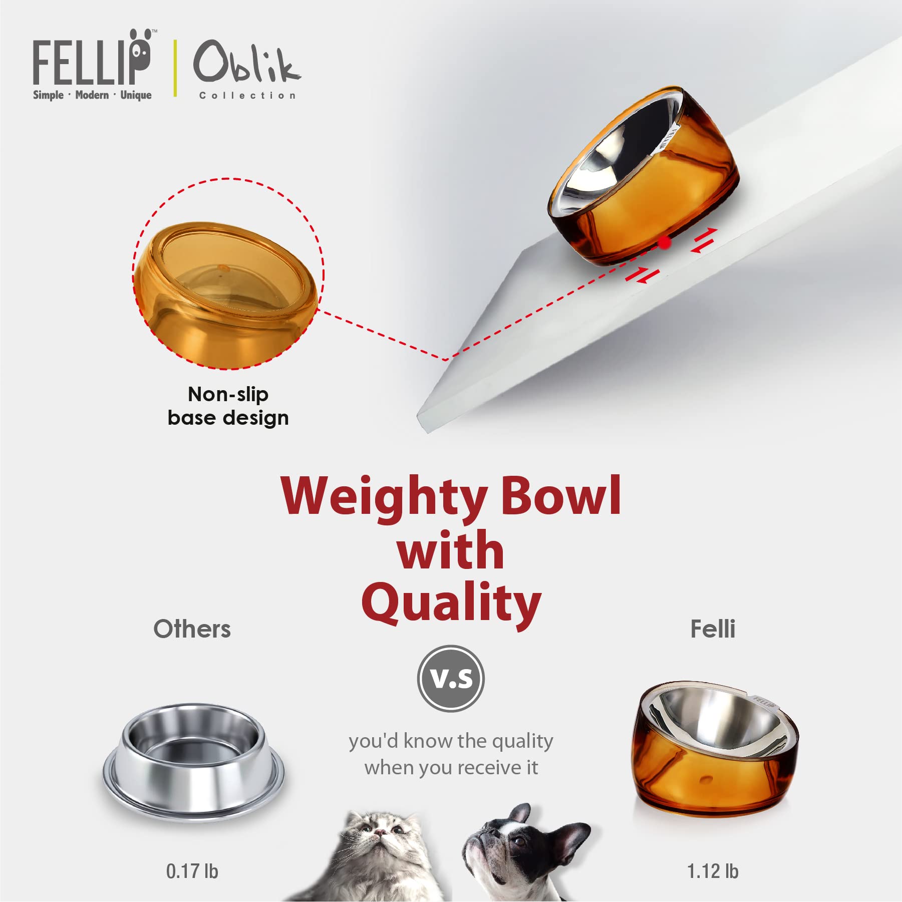 Felli Oblik stainless steel construction for durability and easy cleanup