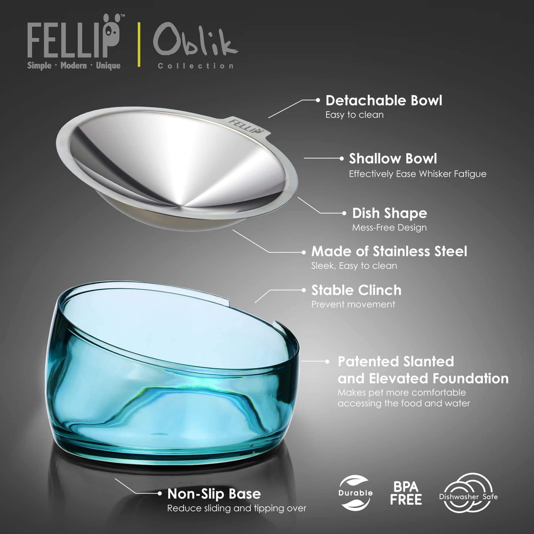 Felli Oblik elevated bowl 15° tilt—promotes natural feeding posture.