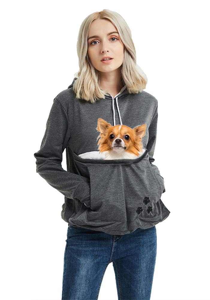Felyong pet carrier hoodie front pocket demonstrates hands-free pet transport.
