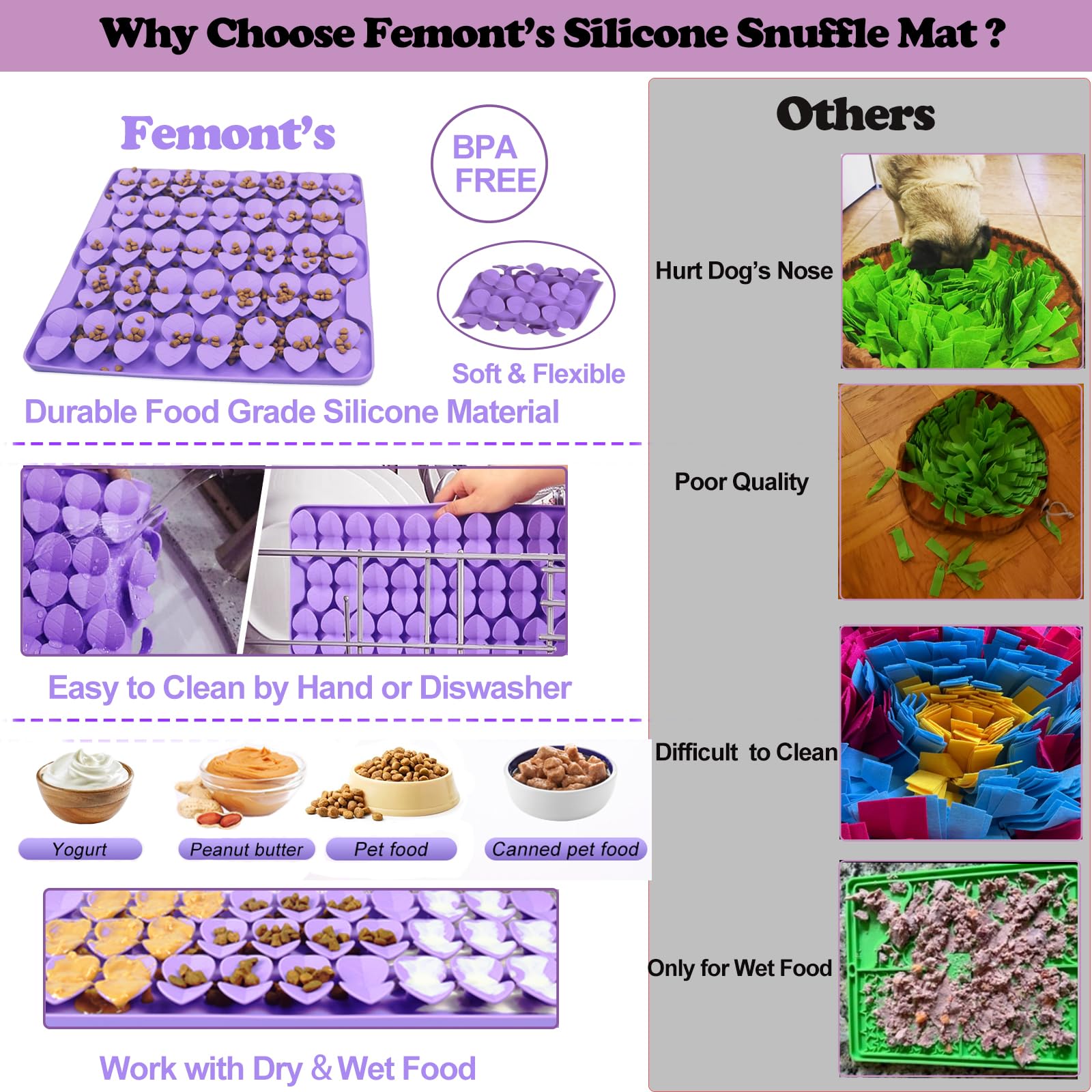 Femont large-dog snuffle mat uses food-grade silicone safely