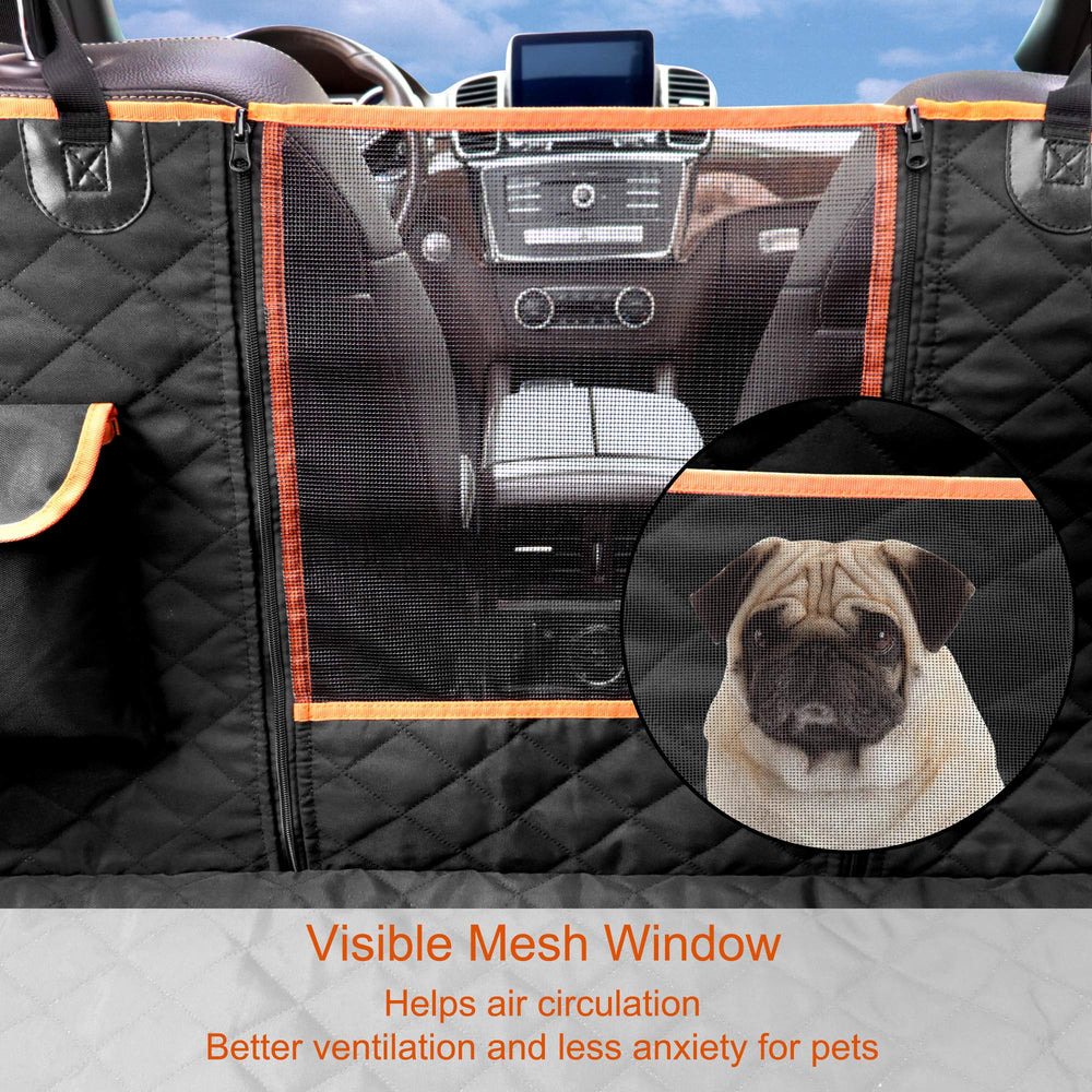Femuar backseat cover side flaps and front flap protect seats from mud and hair.