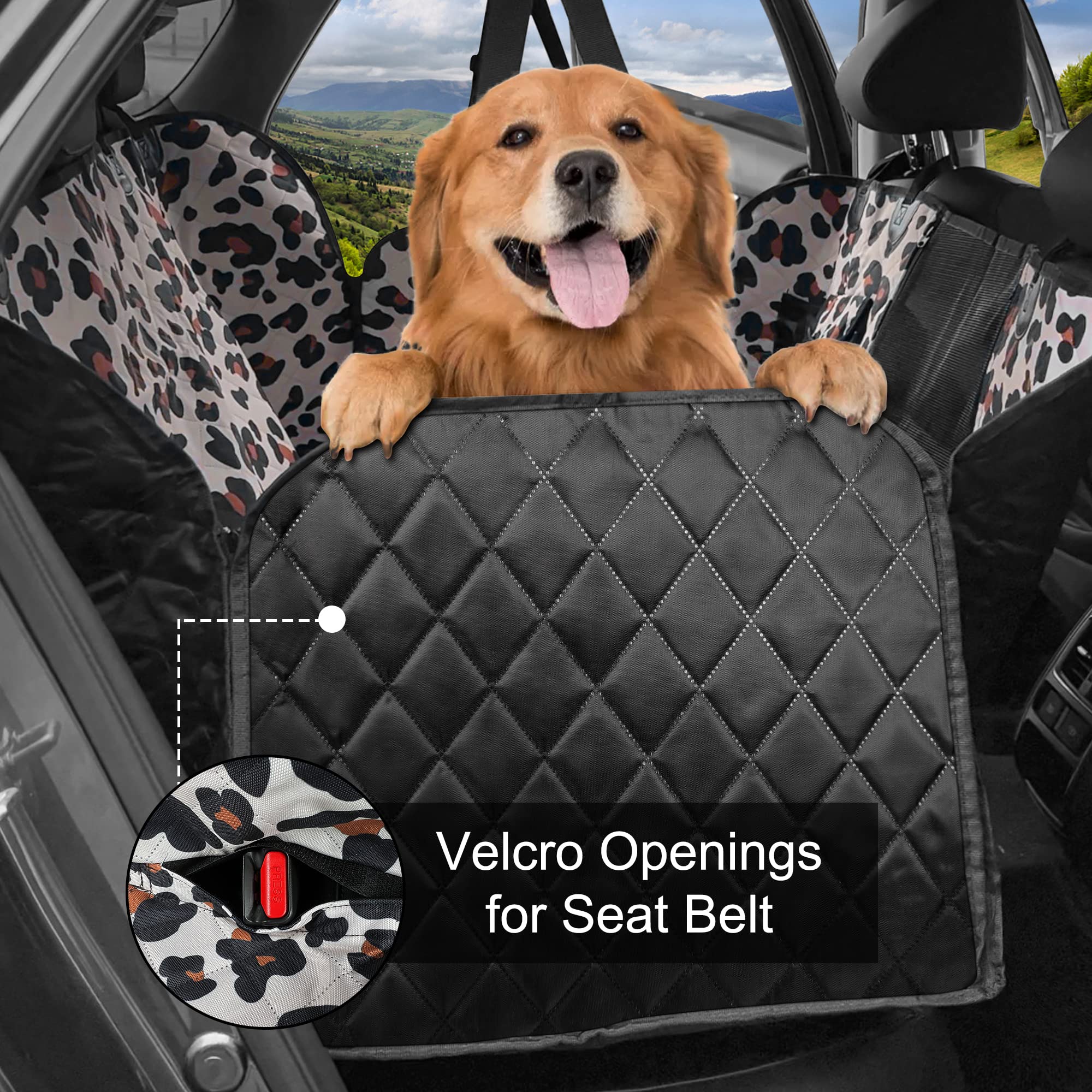 Femuar back seat cover with side flaps protects doors from dirt and scratches.