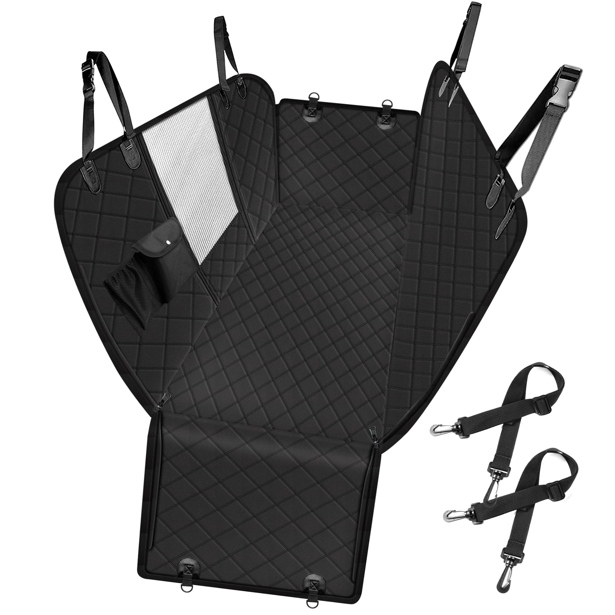Femuar dog car seat cover waterproof material guards seats against spills and mud.