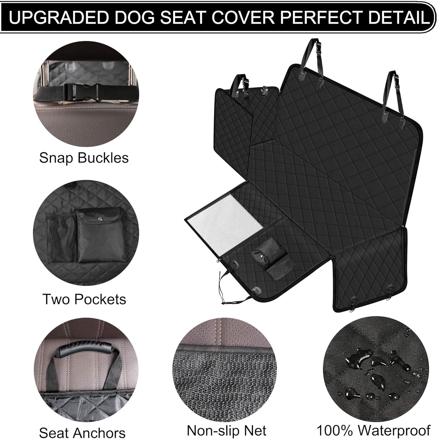 Femuar dog seat cover nonslip backing prevents sliding and keeps dogs safe.