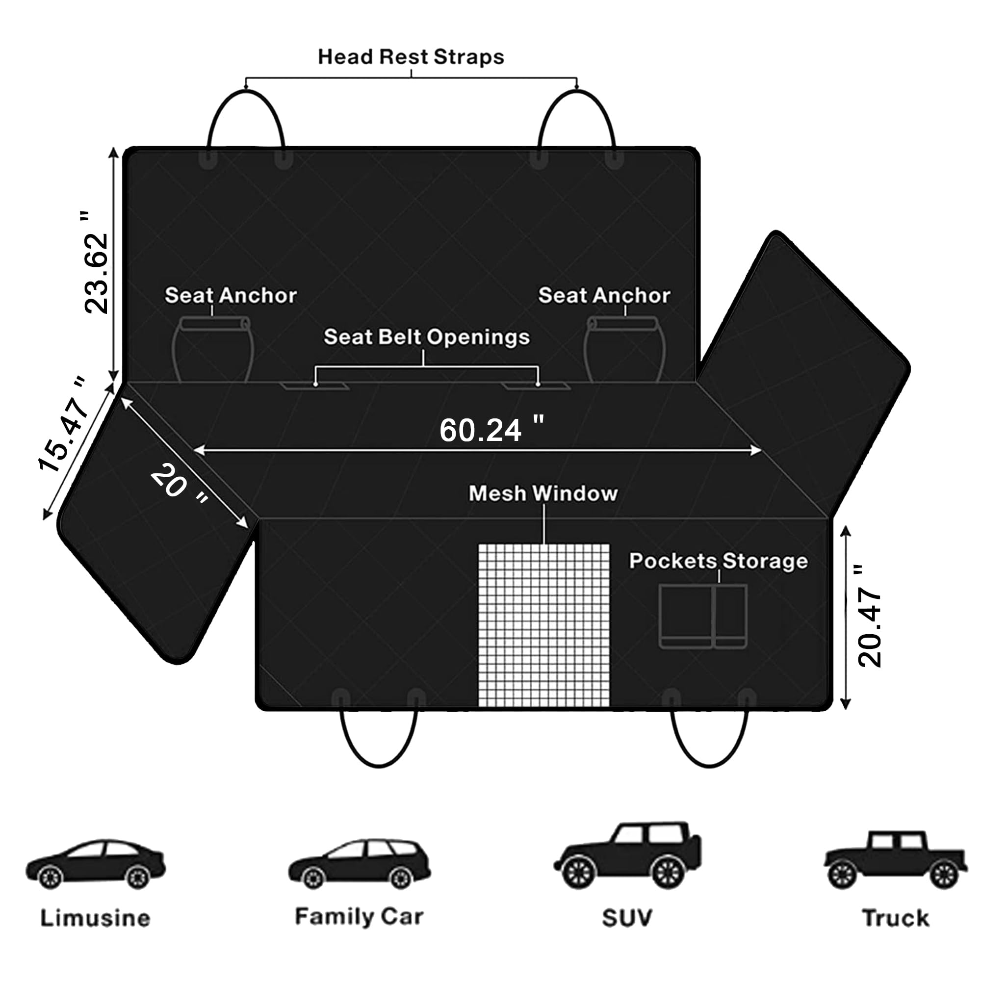 Femuar dog seat cover storage pockets keep toys and treats organized for road trips.
