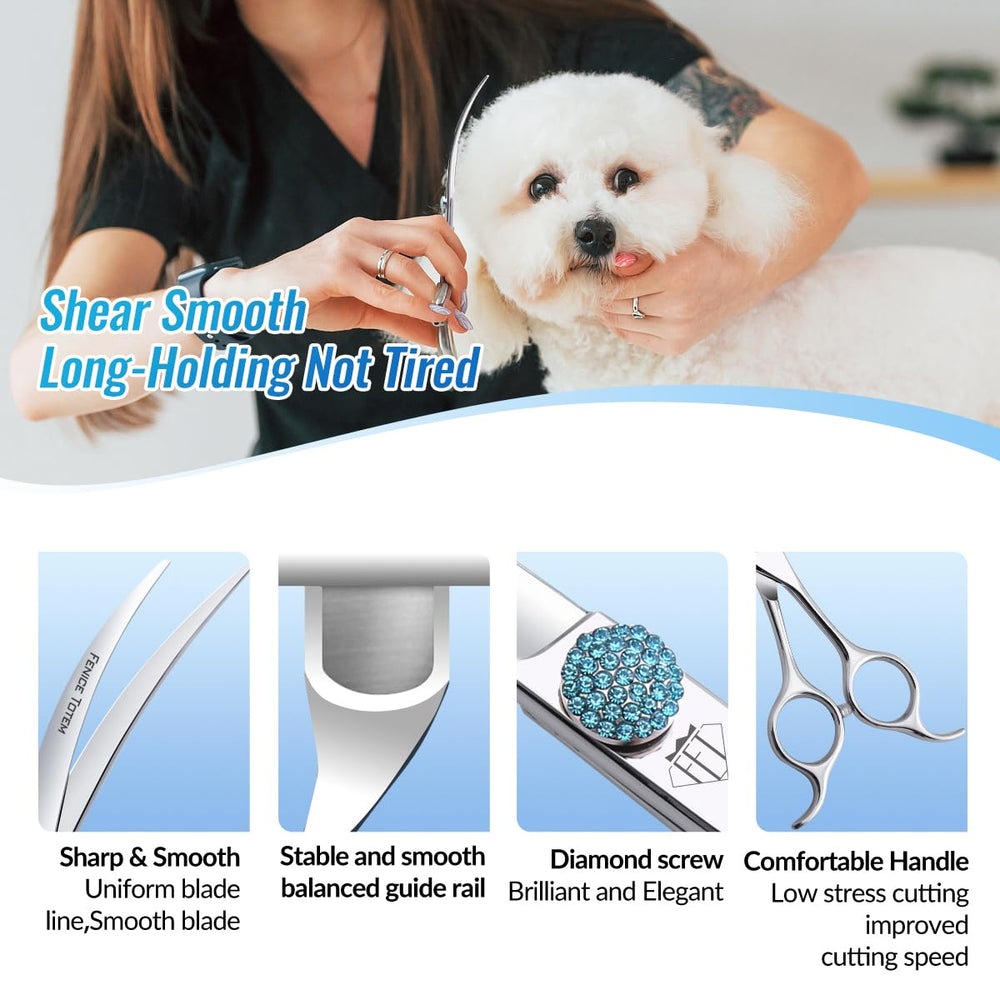 Fenice Totem curved shear in use demonstrates smooth, efficient dog grooming.