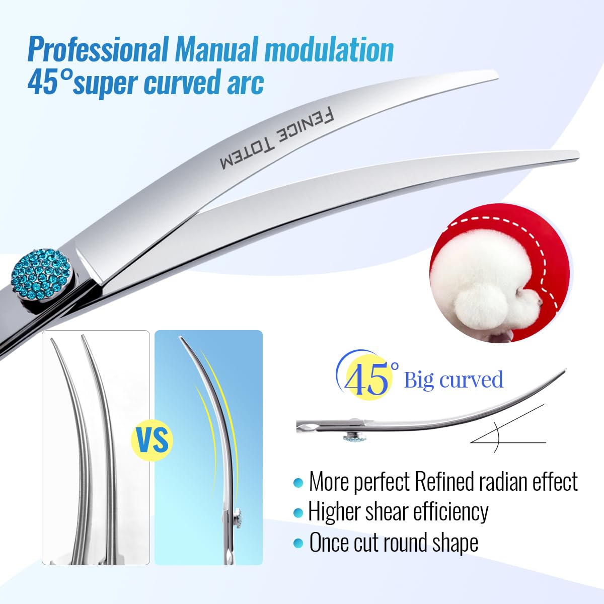 Fenice Totem curved shear handle ergonomic grip for comfortable, steady grooming sessions.