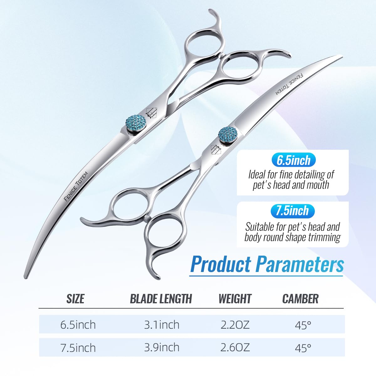 Fenice Totem curved shear packaging showcases a professional grooming tool ready for use.