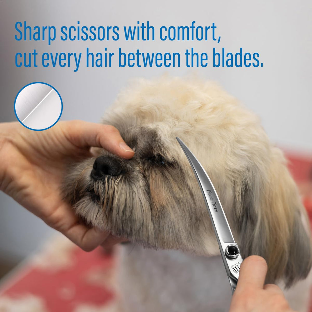 Fenice Totem ergonomic handles on dog grooming scissors improve comfort during long grooming sessions