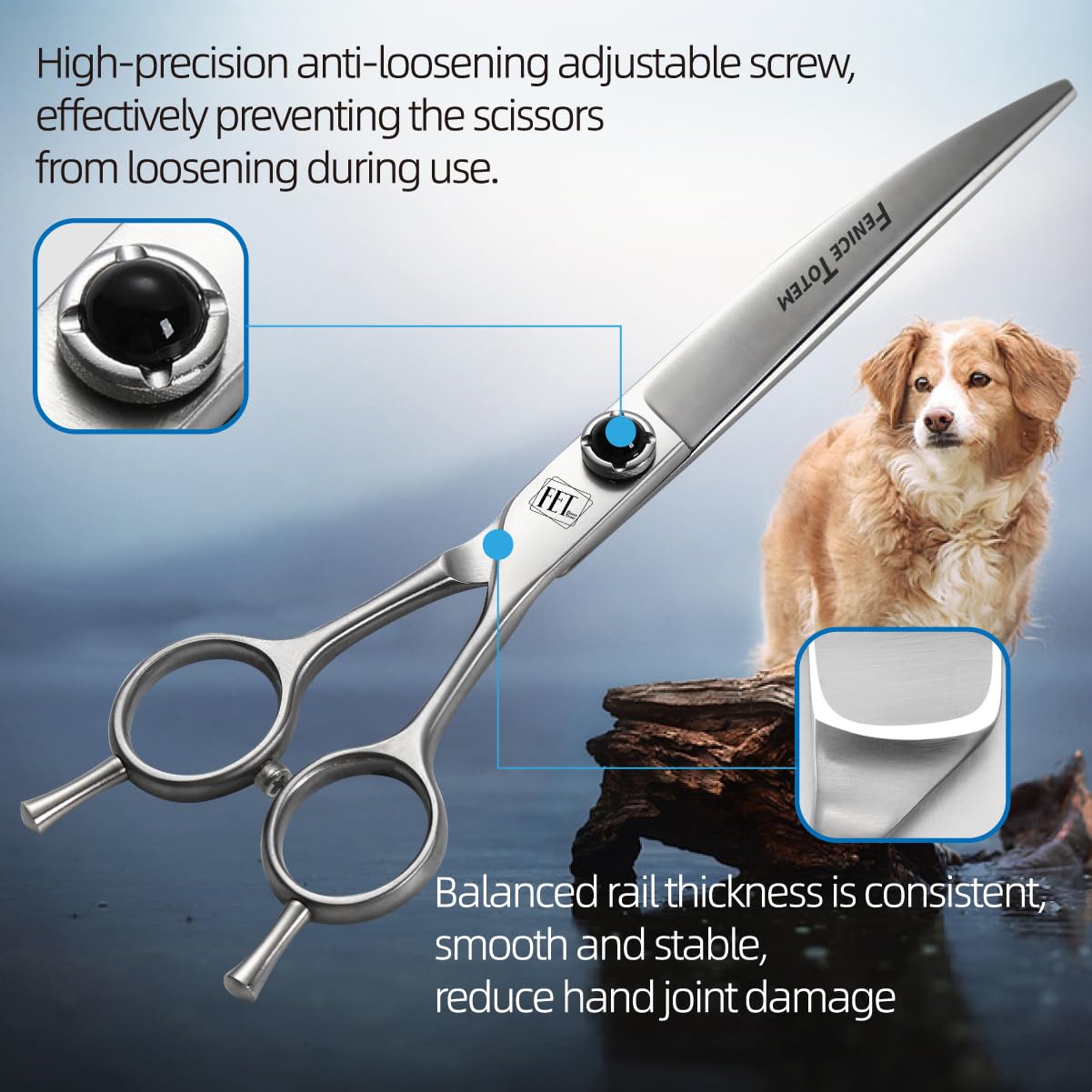 Fenice Totem in-use photo shows smooth open-close action during pet grooming