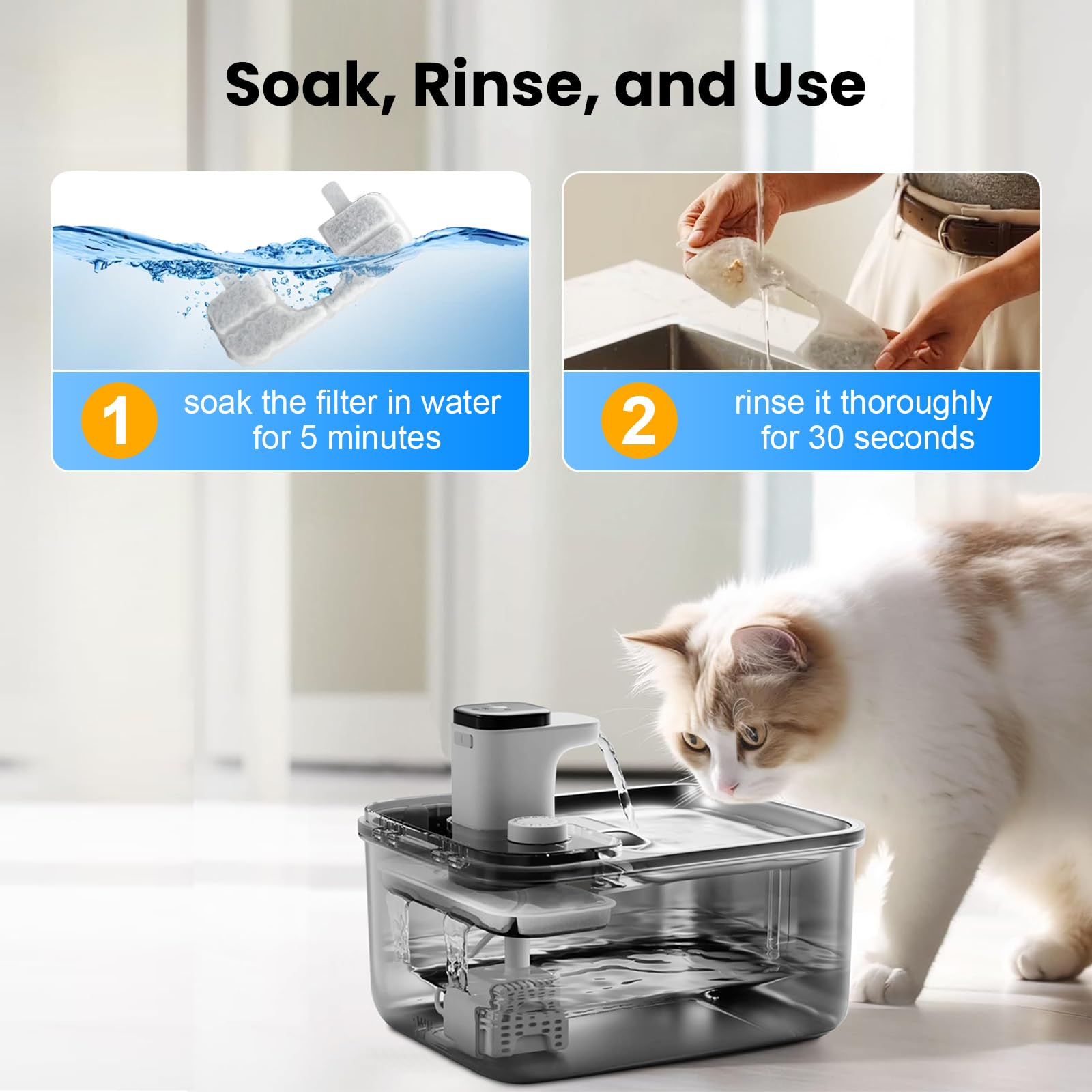 Simple filter installation steps: soak and rinse before mounting.