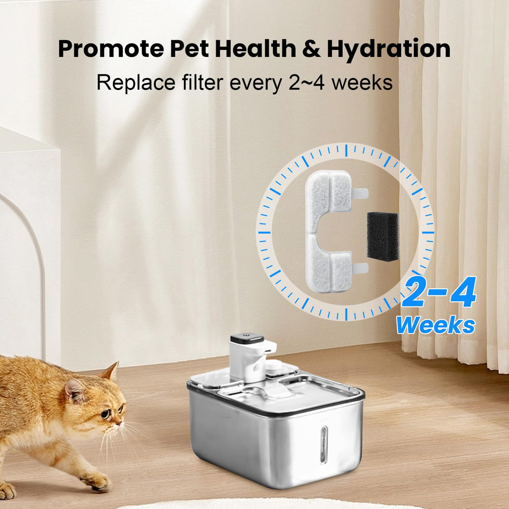 Stainless steel cat fountain in a home setting with Fenkabs kit.