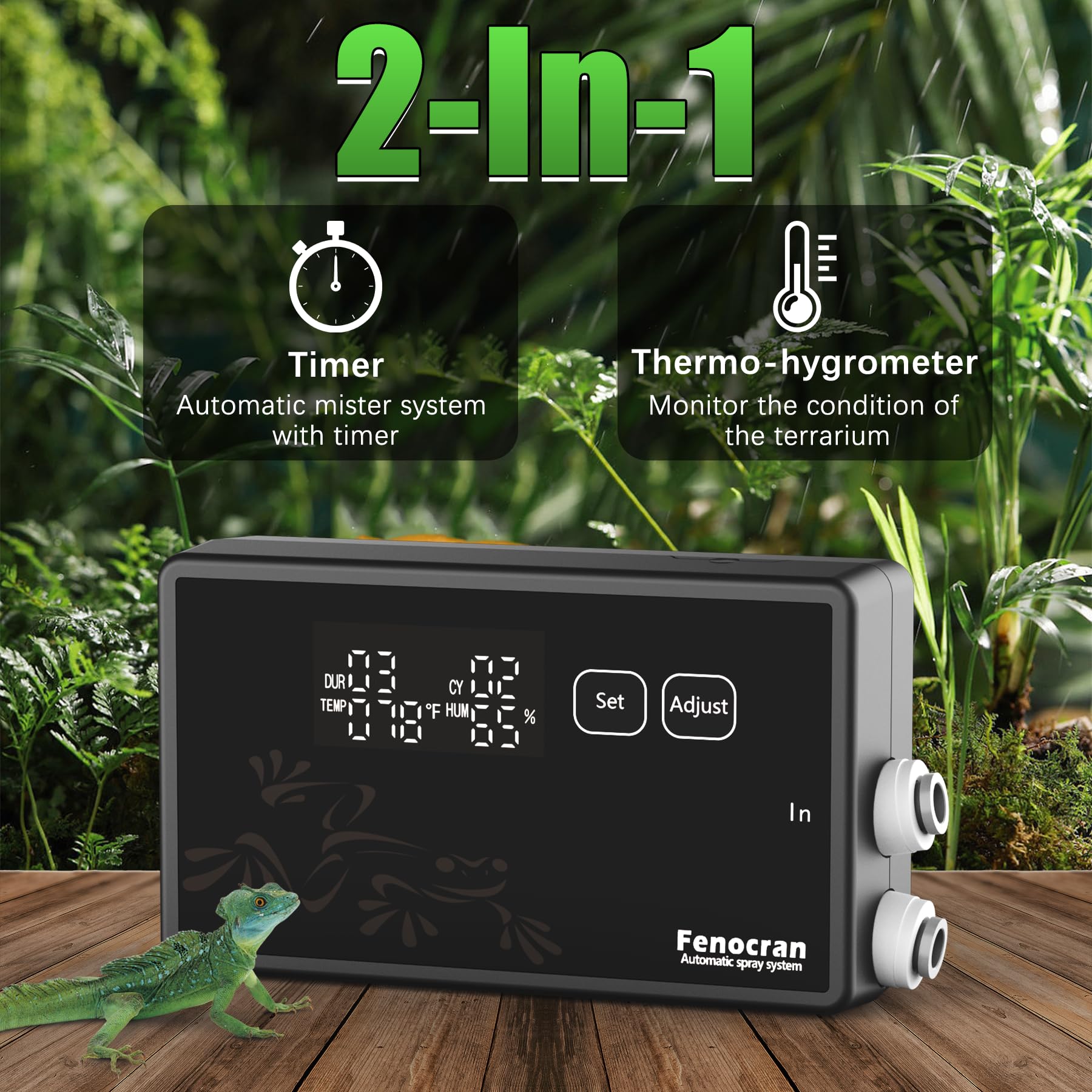 Fenocran misting nozzles adjusted to produce rain-like mist for tropical habitats.