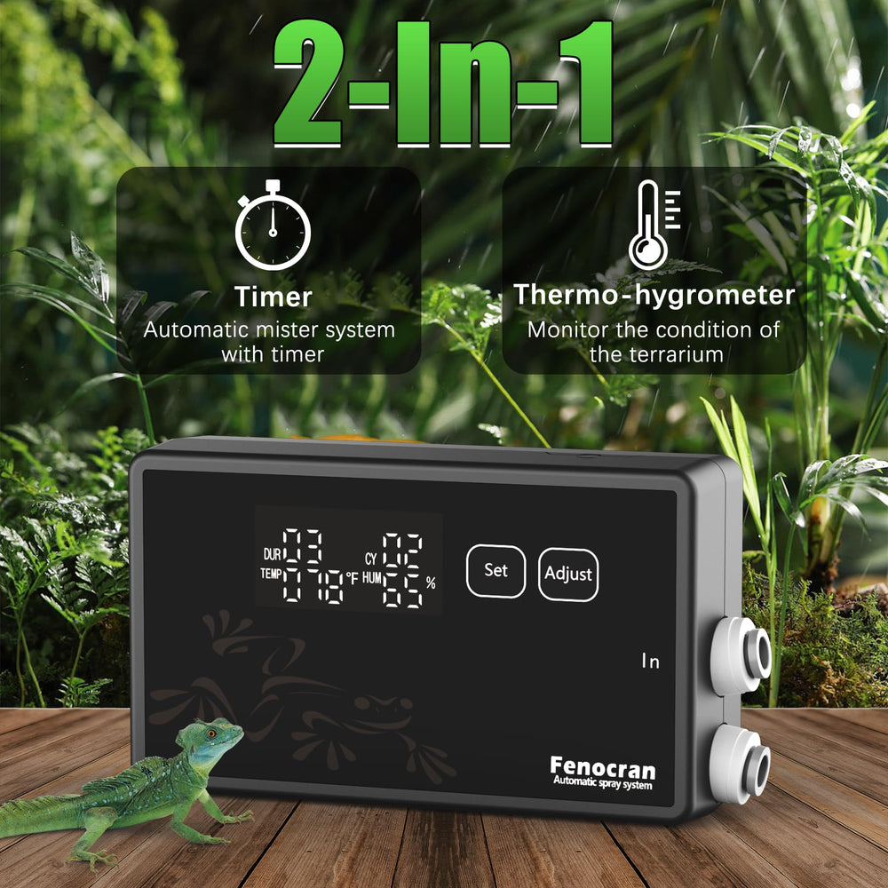 Fenocran misting nozzles adjusted to produce rain-like mist for tropical habitats.