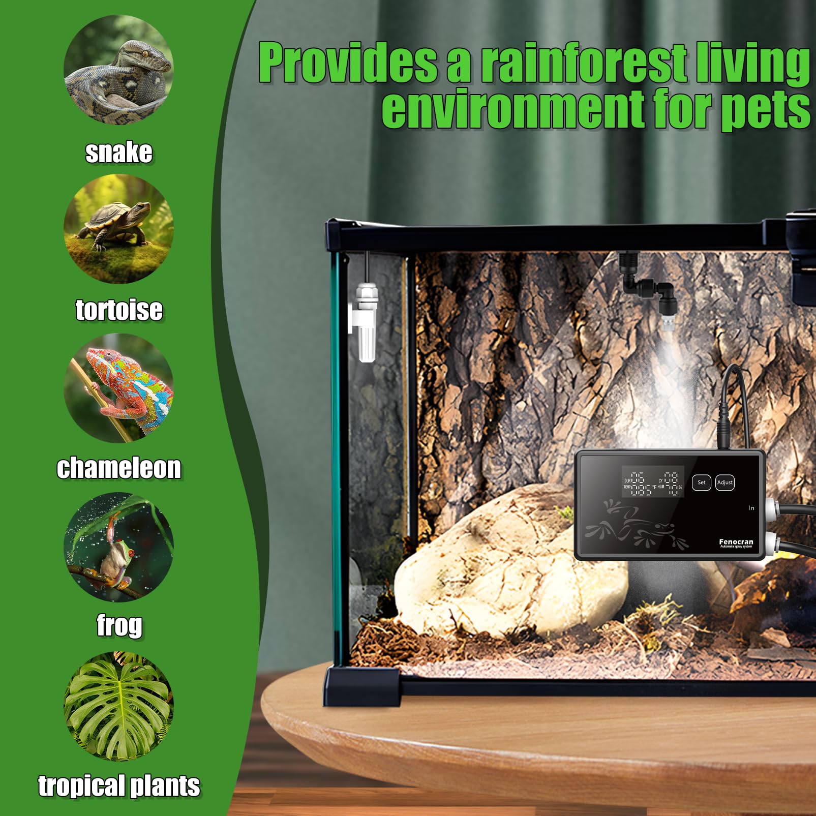 Fenocran automatic reptile mister system side view shows slim profile for narrow enclosures.